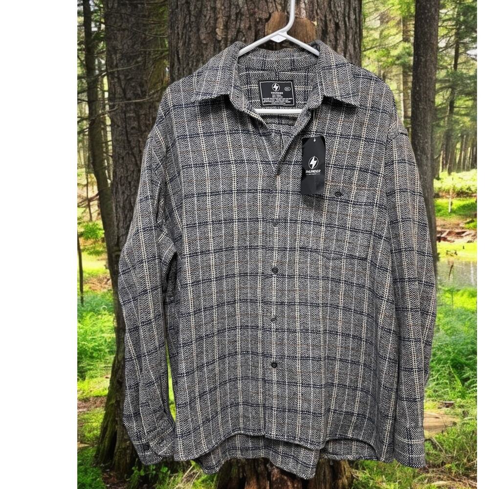 Men's THUNDER Plain Flannel Shirt Long Sleeve Gray Size 2XL Button Up NEW